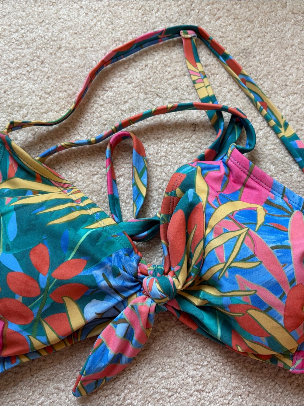 Tropical Tie-Front Bikini Top - Multicolor Leaf Print